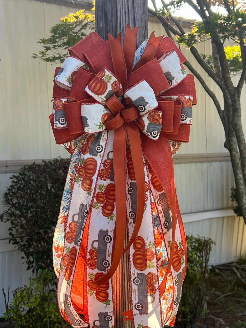 Autumn Harvest Decorative Bow - Rust Orange Fall Ribbon